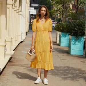 Heartloom Halia Puff-Sleeve Midi Dress in Marigold Yellow